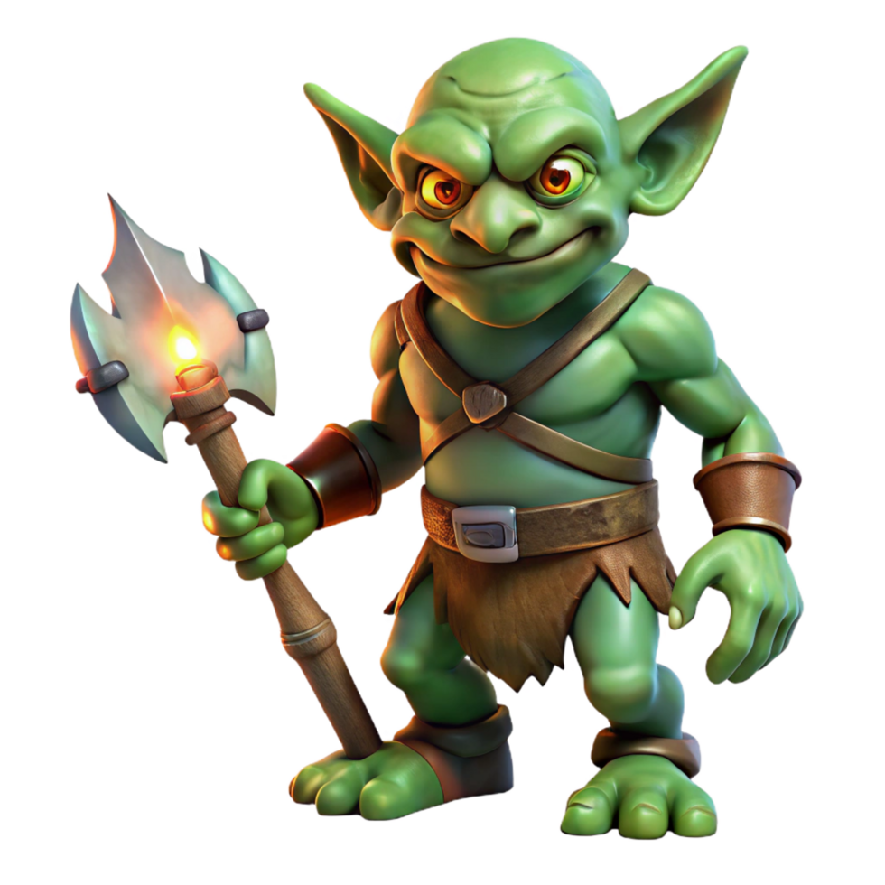 magnificent standout A grotesque goblin with warty green skin wielding a rusty axe, dimly lit by a single torch, in a gritty dark fantasy style png