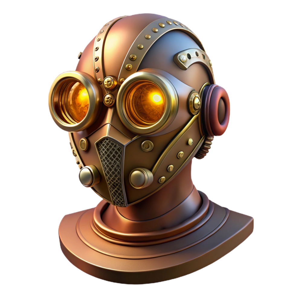 signature urban A steampunk mask, ornate brass with glowing lenses, displayed on a mannequin head. Soft, ambient lighting. Vintage style premium png