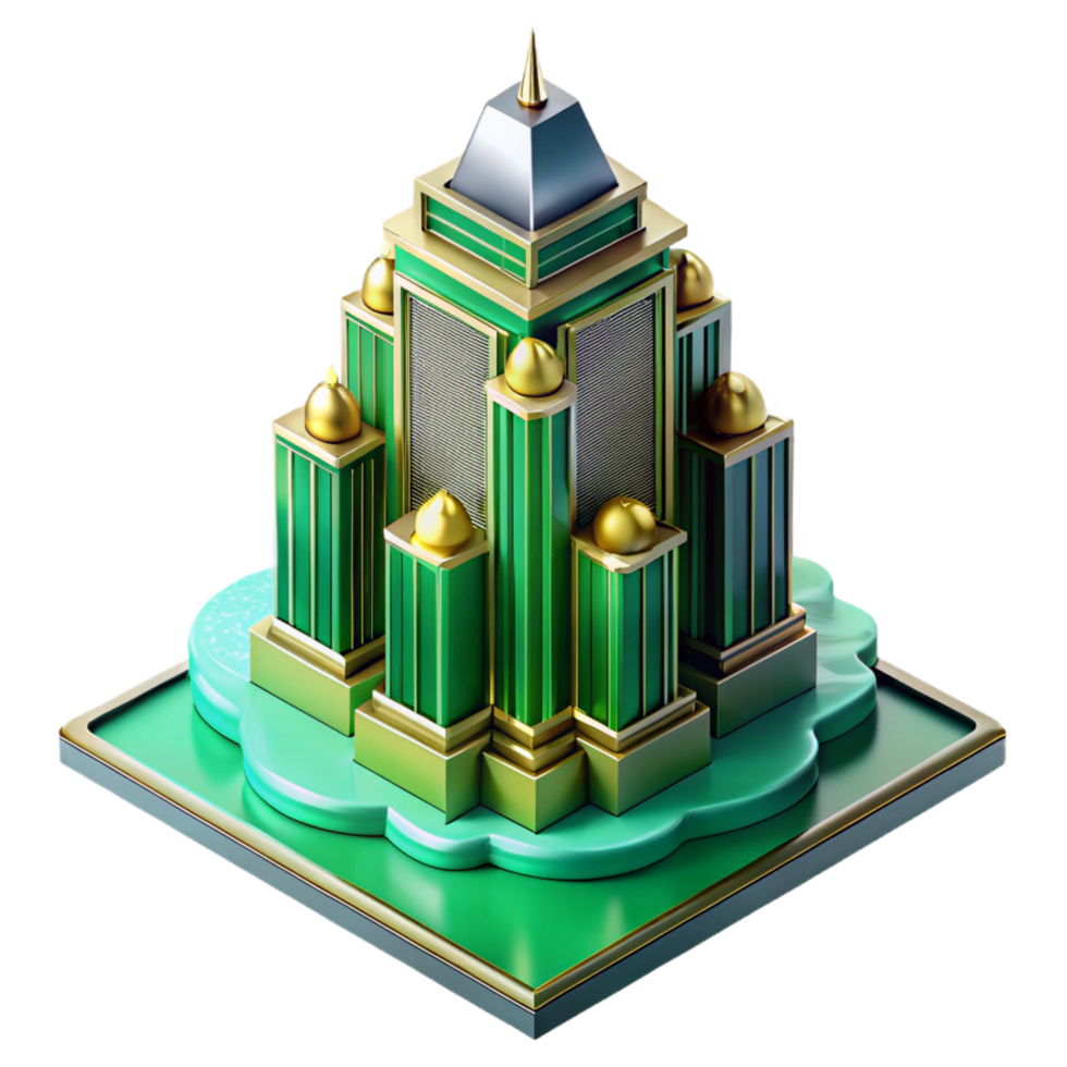 extraordinary notable Art Deco skyscraper, emerald green and gold accents, volumetric lighting, highly polished surfaces, raining, reflections in puddles, isometric view png
