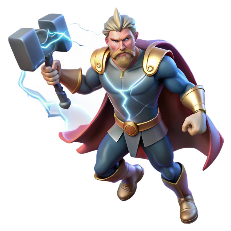 hypnotic distinctive A powerful Norse Thor, wielding Mjolnir, summoning lightning, amidst a raging thunderstorm, in a comic book style png