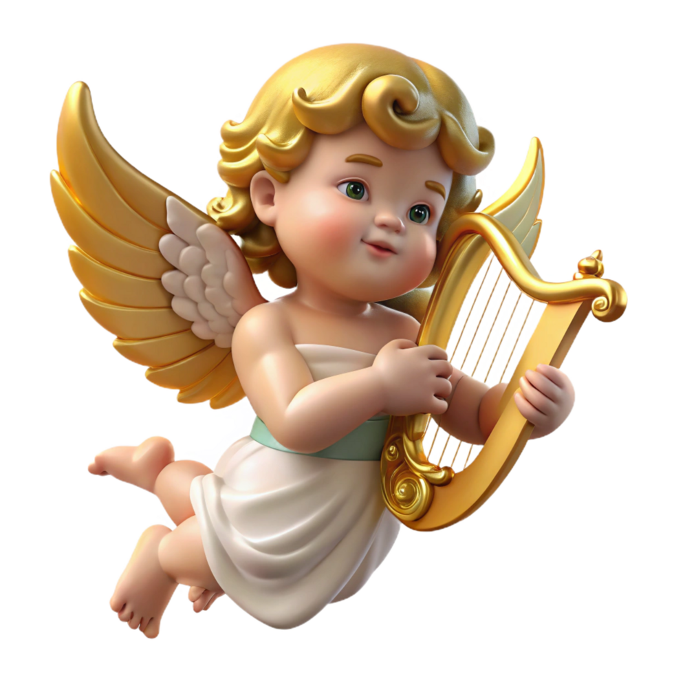 sumptuous avant garde A winged cherub playing a golden harp, soft celestial light, Renaissance painting style genuine png
