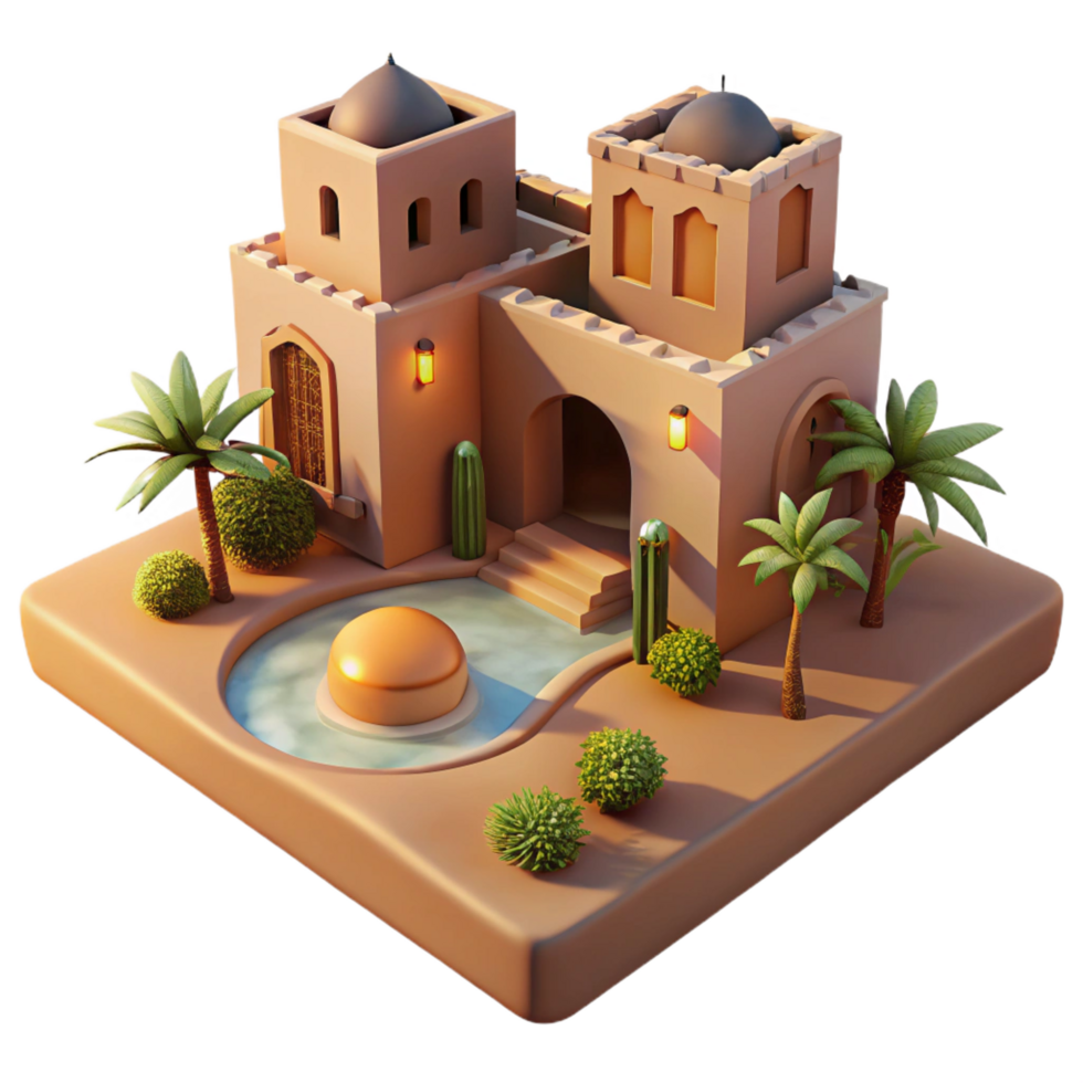 radiant avant garde A desert oasis with traditional mud brick architecture, warm sunset lighting, peaceful atmosphere, studio quality png