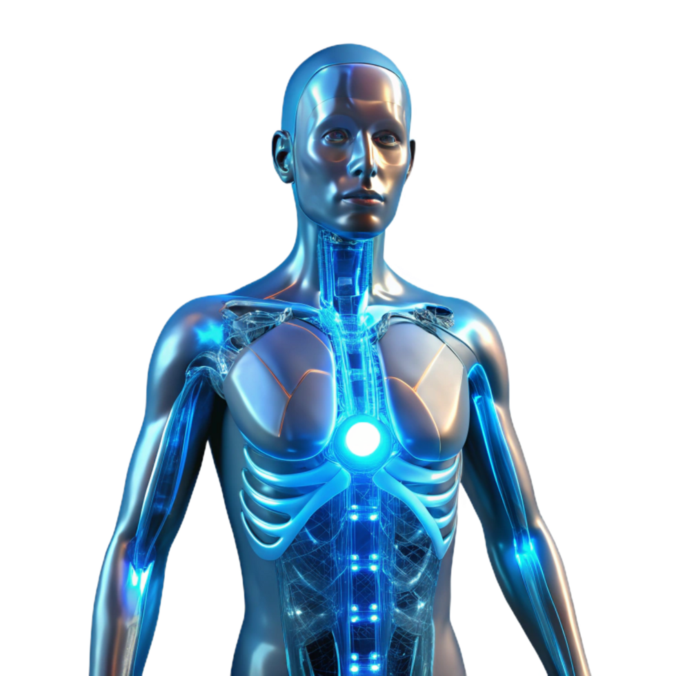 remarkable bohemian A transparent human figure, its internal organs replaced with glowing circuitry, illuminated by a cool, blue light, cyberpunk style studio quality png