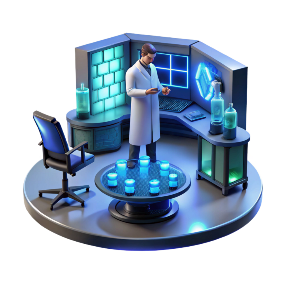 distinguished surreal A lone scientist working in a futuristic laboratory, surrounded by glowing screens and complex equipment. Cool, blue lighting. Cyberpunk style handcrafted png
