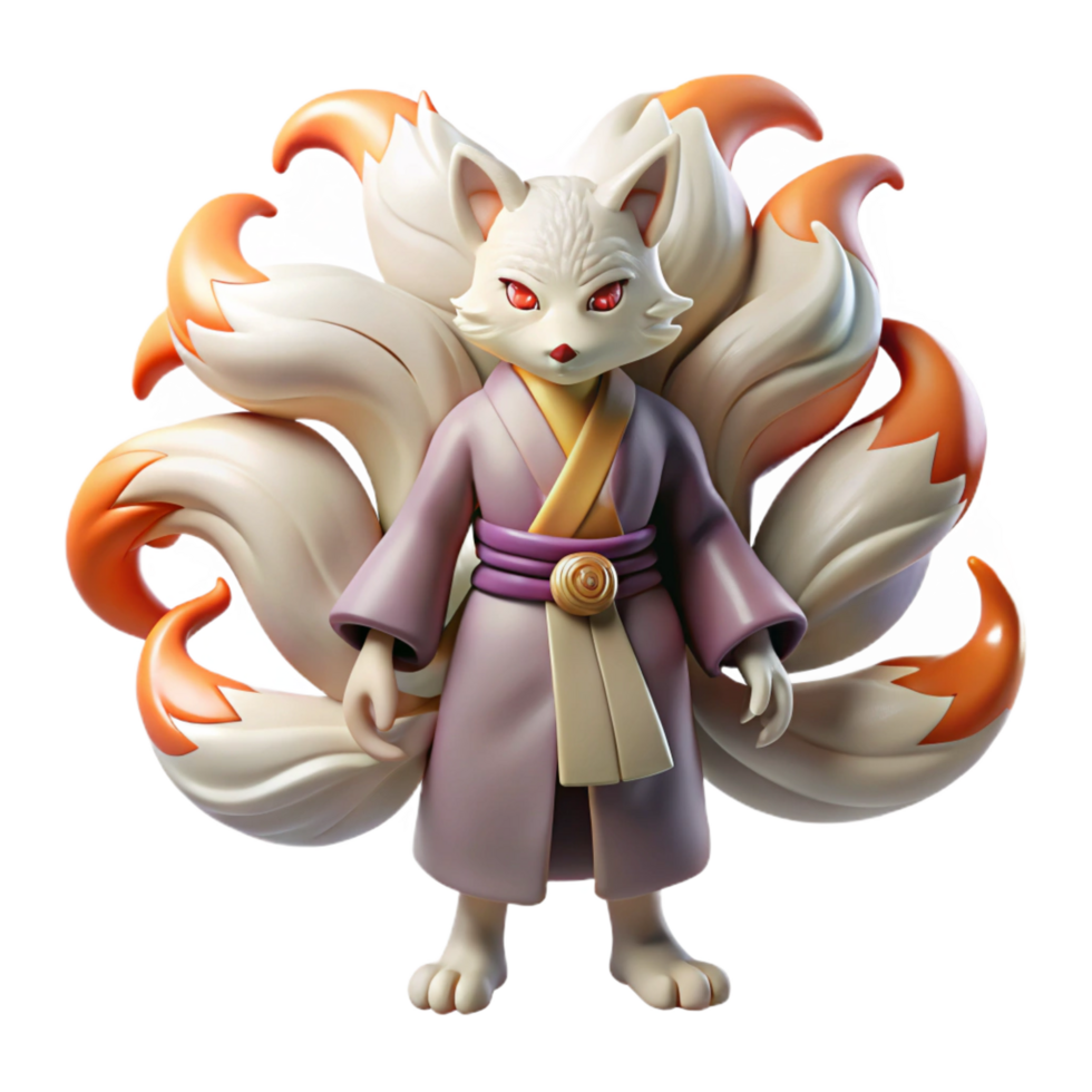 impressive tranquil traditional A kitsune transforming from a fox to a human, nine tails flowing, Japanese folklore style, mystical, moonlight, exclusive png