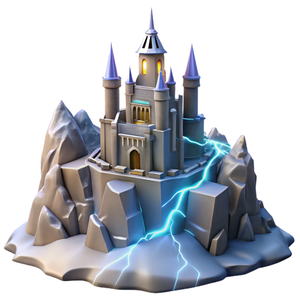 mesmerizing impressionist A towering castle on a mountaintop, lightning flashing in a stormy sky, fantasy art style refined png