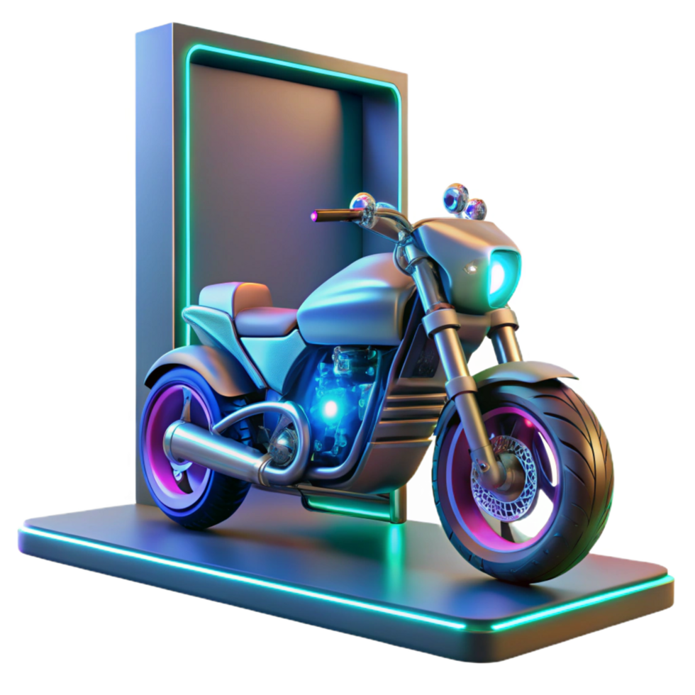 standout retro A futuristic motorcycle, adorned with glowing neon lights, parked in front of a holographic billboard. Night lighting, cyberpunk style precision png