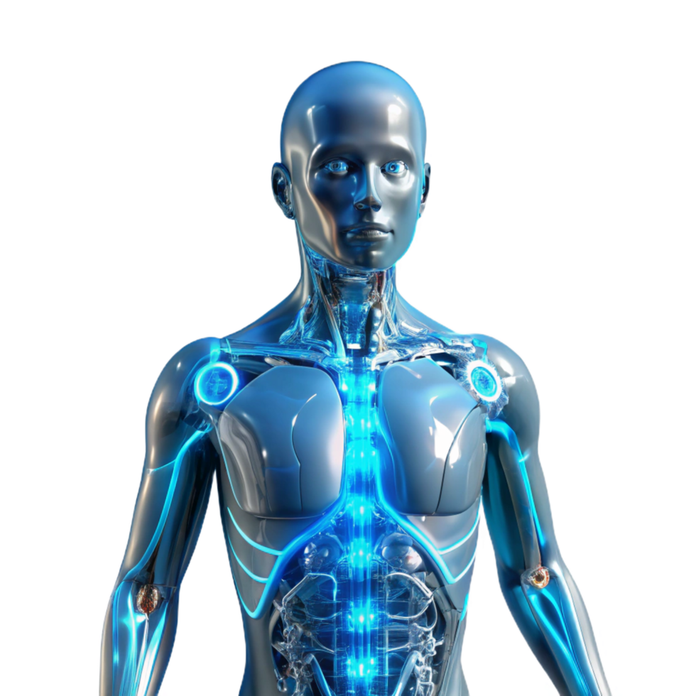 serene whimsical industrial A transparent human figure, its internal organs replaced with glowing circuitry, illuminated by a cool, blue light, cyberpunk style perfect clarity png