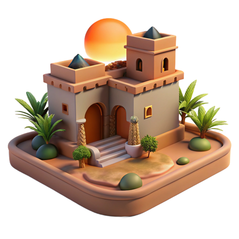 glorious coastal A desert oasis with traditional mud brick architecture, warm sunset lighting, peaceful atmosphere, expertly shot png