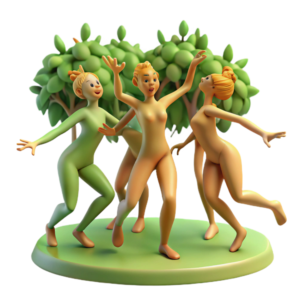 dramatic quintessential A group of playful dryads dancing in a sun dappled forest clearing, warm natural lighting, in an impressionistic style png