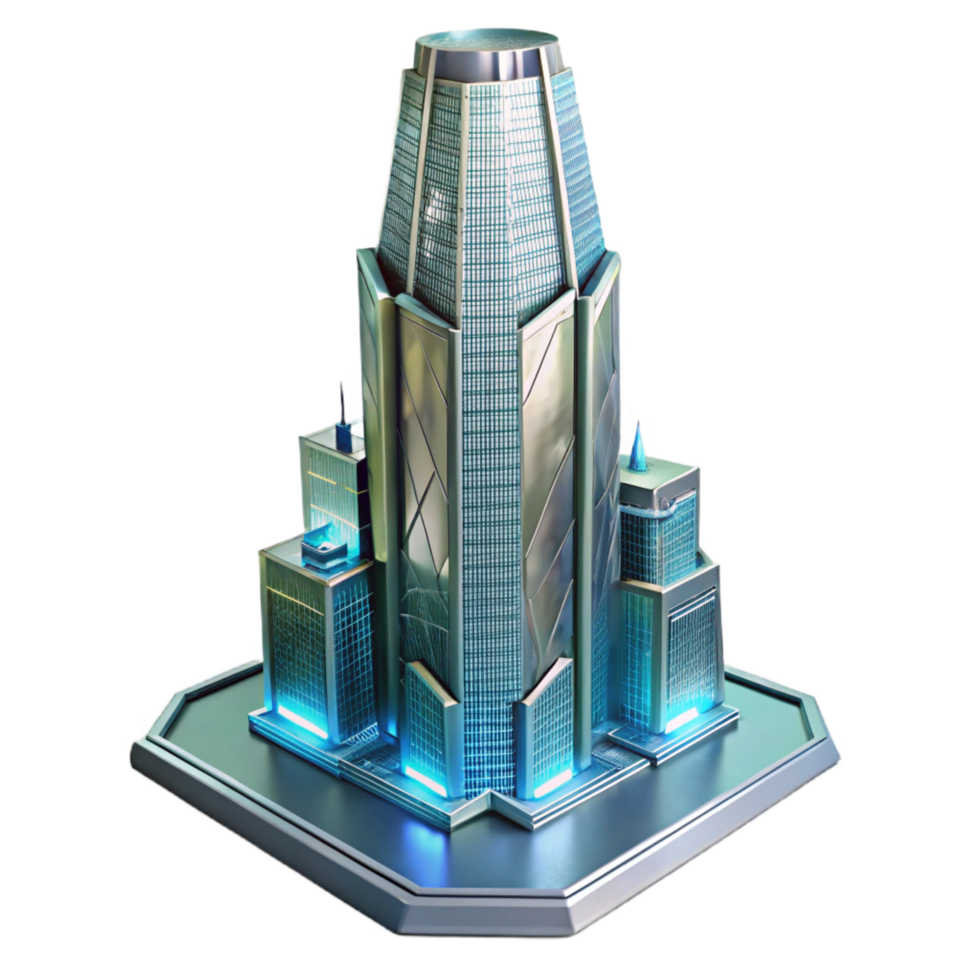 fascinating distinctive A futuristic skyscraper made of transparent glass and steel, city lights reflecting on the surface, cyberpunk style png