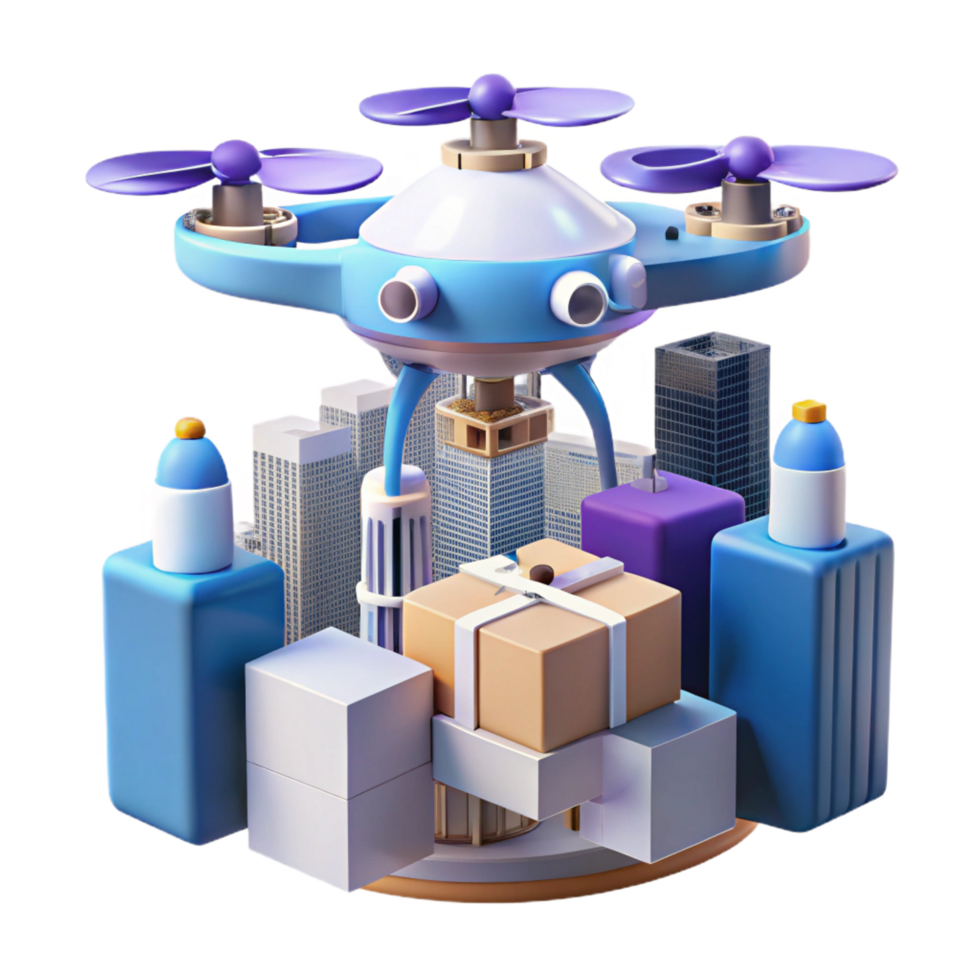 breathtaking surreal A drone delivering a package in a futuristic city, sleek design, daytime lighting, realistic style precision png