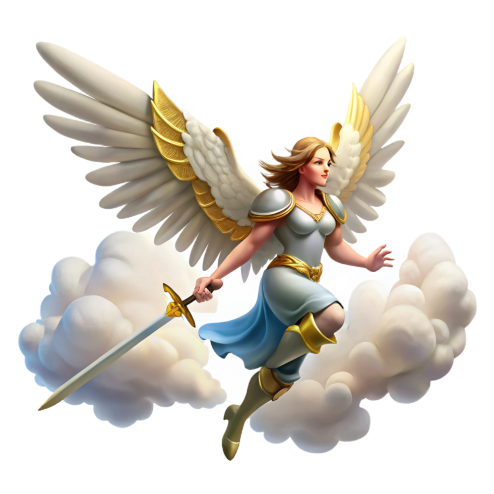 tranquil breathtaking A winged Valkyrie soaring through a cloudy sky, sword drawn, Art Nouveau style, dramatic, celestial lighting, high resolution png