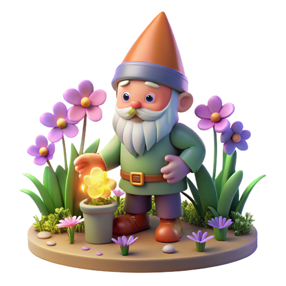 alluring mysterious retro A whimsical gnome tending a magical garden filled with glowing flowers, soft, diffused lighting, children s book illustration style exclusive png