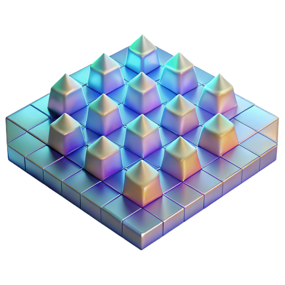 fascinating energetic elegant A field of geometric shapes arranged in a grid pattern, with a holographic texture and a shifting color scheme. Ambient occlusion elite png