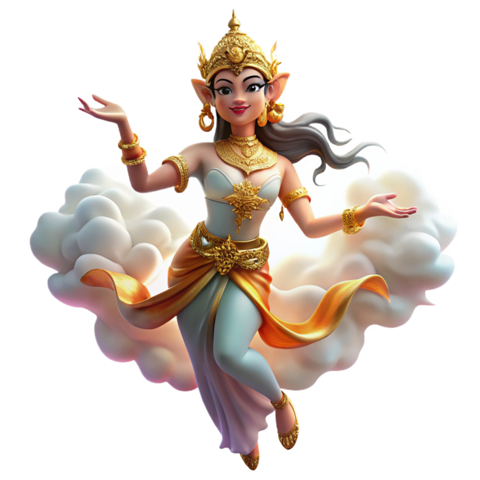 dramatic renaissance A beautiful Apsara dancing in the clouds, adorned with flowing silks and jewels, illuminated by the golden light of sunrise. Cambodian mythology style gallery standard png