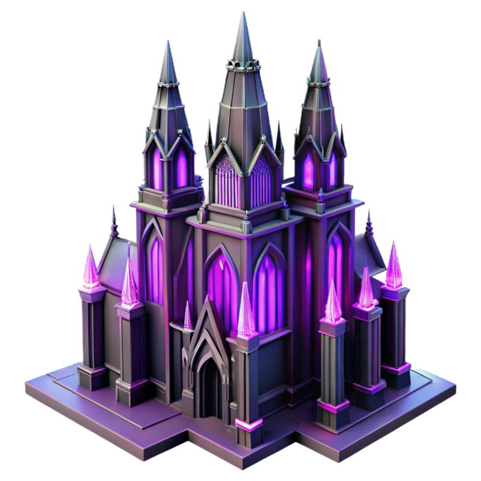 beautiful retro A towering gothic cathedral made of obsidian glass, illuminated by internal neon purple lights, art deco style museum quality png