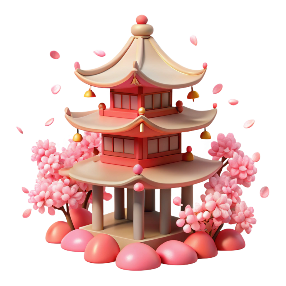 coveted baroque A Japanese pagoda surrounded by cherry blossoms in full bloom, soft pink light, serene atmosphere, refined png
