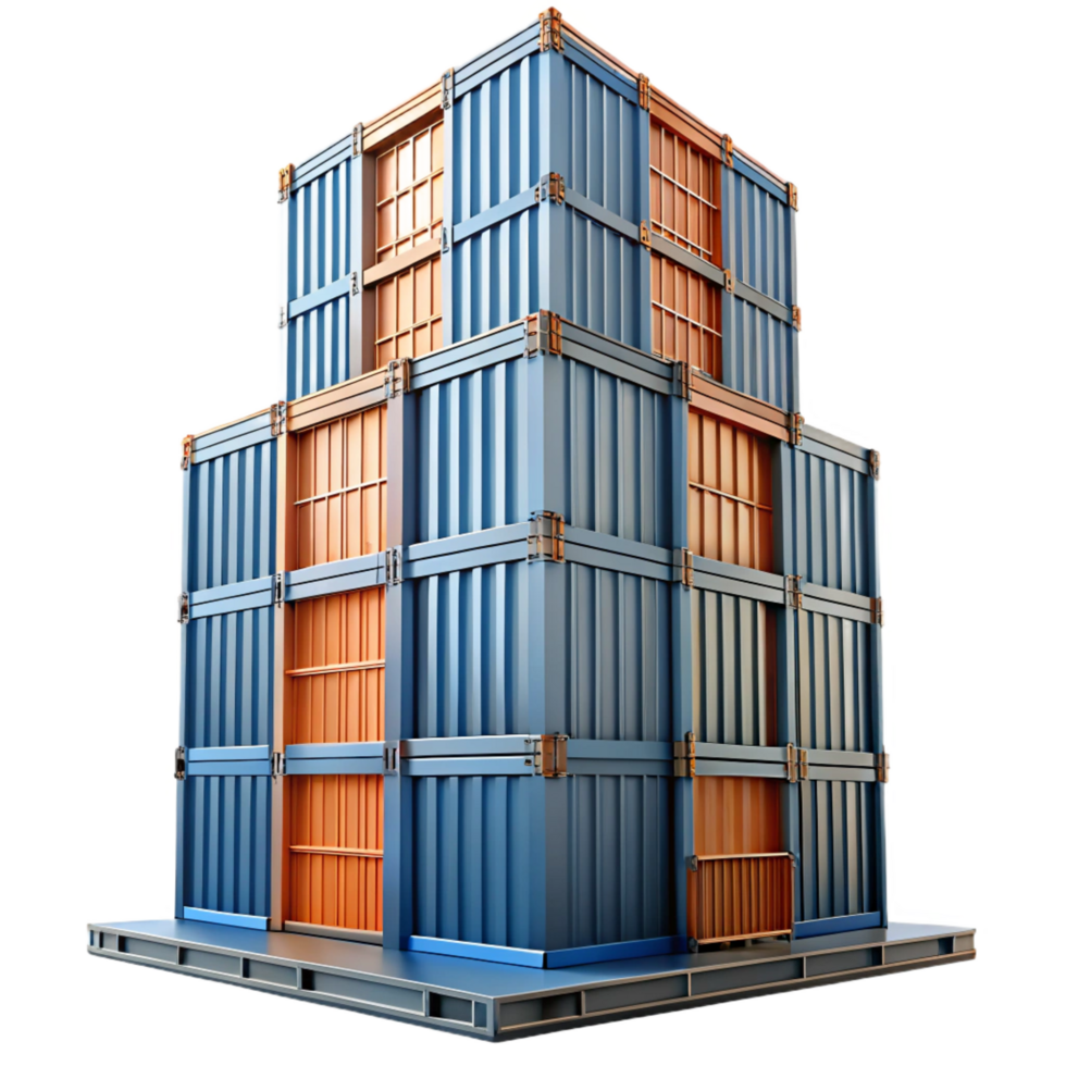 whimsical exquisite A towering skyscraper made of stacked shipping containers, industrial style, gritty realism, overcast lighting, handcrafted png