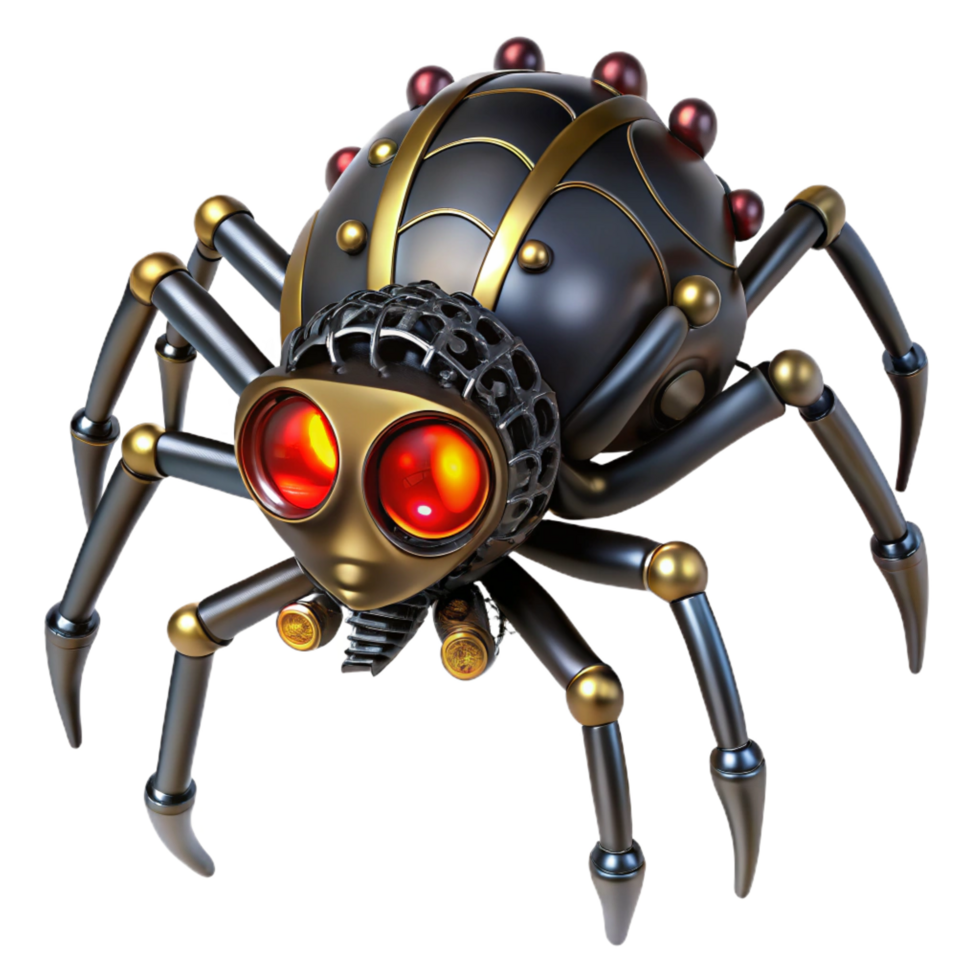extraordinary mysterious artistic A steampunk spider with brass legs and glowing red eyes, crawling on a web of gears, dark, mysterious lighting, horror style fine detail png