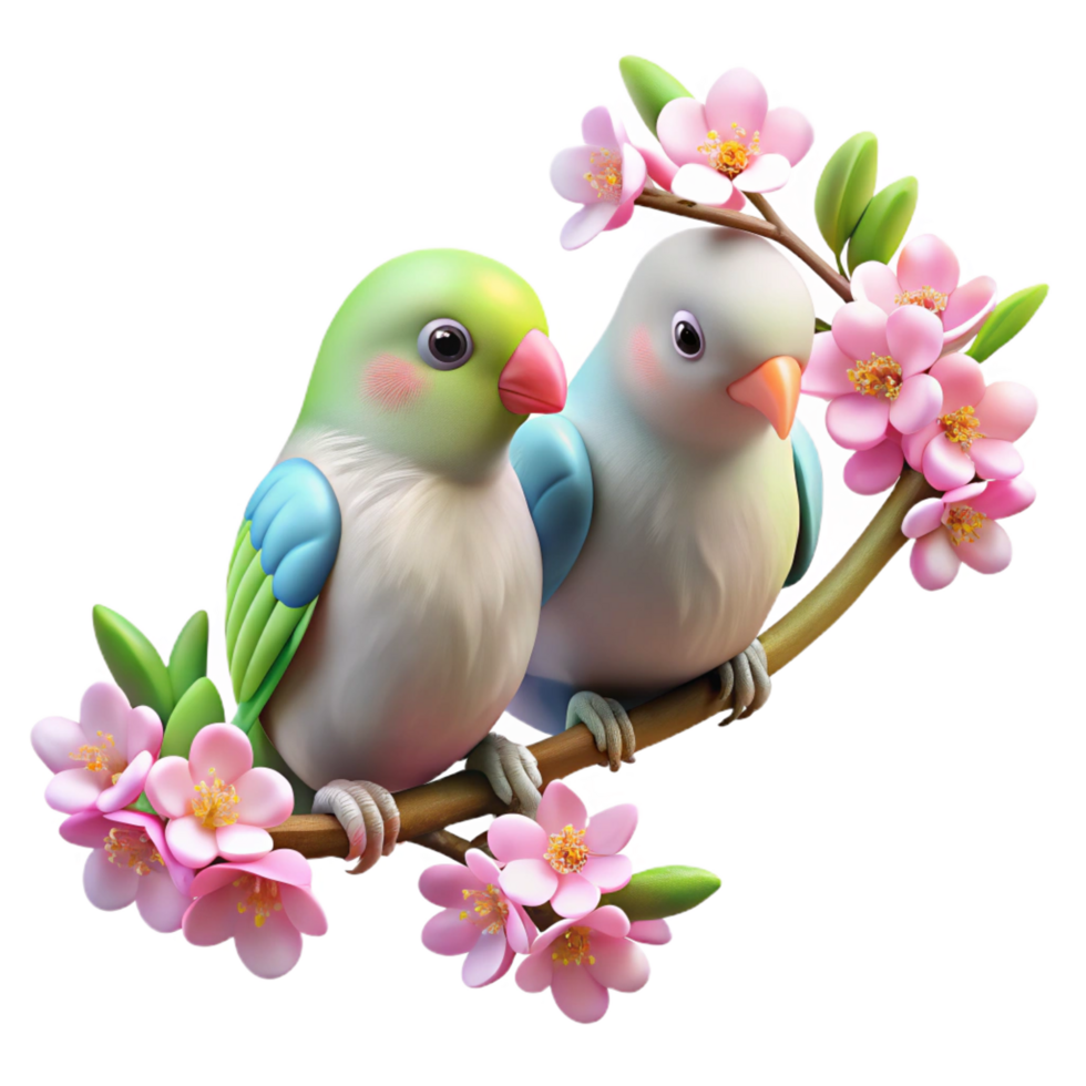 mesmerizing remarkable A pair of lovebirds perched on a blossoming cherry tree branch, soft pastel colors and bokeh effect, romantic illustration style png