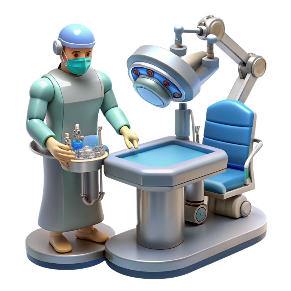 spectacular iconic A robotic surgeon performing a delicate operation, intricate tools and instruments visible, lit by surgical lighting, in a realistic, medical style png