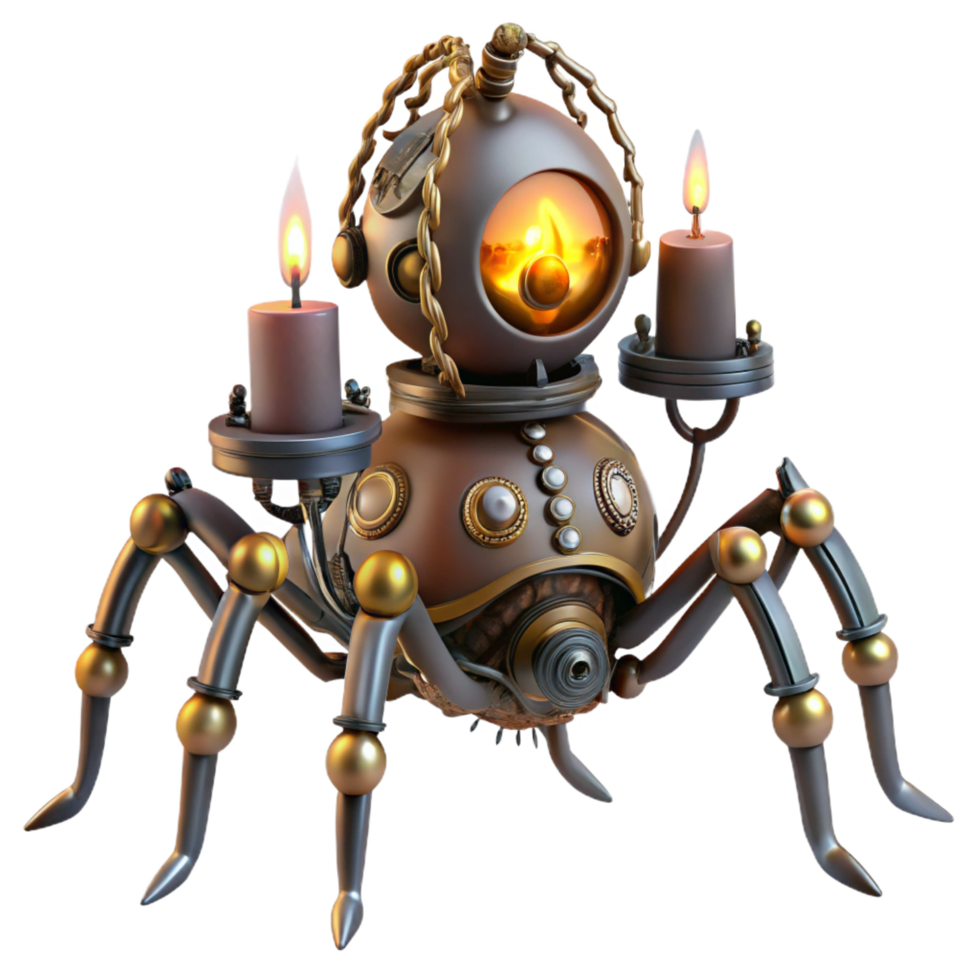 extraordinary classic A steampunk automaton shaped like a mechanical spider, crawling across a web of intricate gears, illuminated by a flickering candle. Spooky lighting, gothic style exclusive png