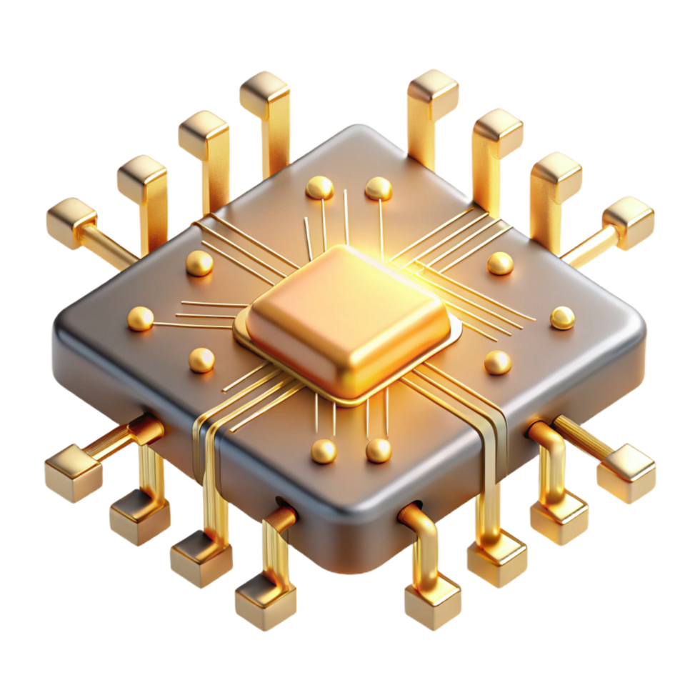 dynamic elegant A single microchip, magnified to enormous scale, intricate pathways glowing with golden light, viewed from a microscopic perspective, rendered in a photorealistic style luxury png