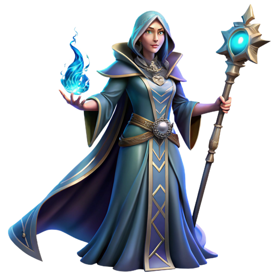 mesmerizing inspired Portrait of a powerful sorceress with flowing robes and a mystical staff, illuminated by crackling energy, in a fantasy art style png