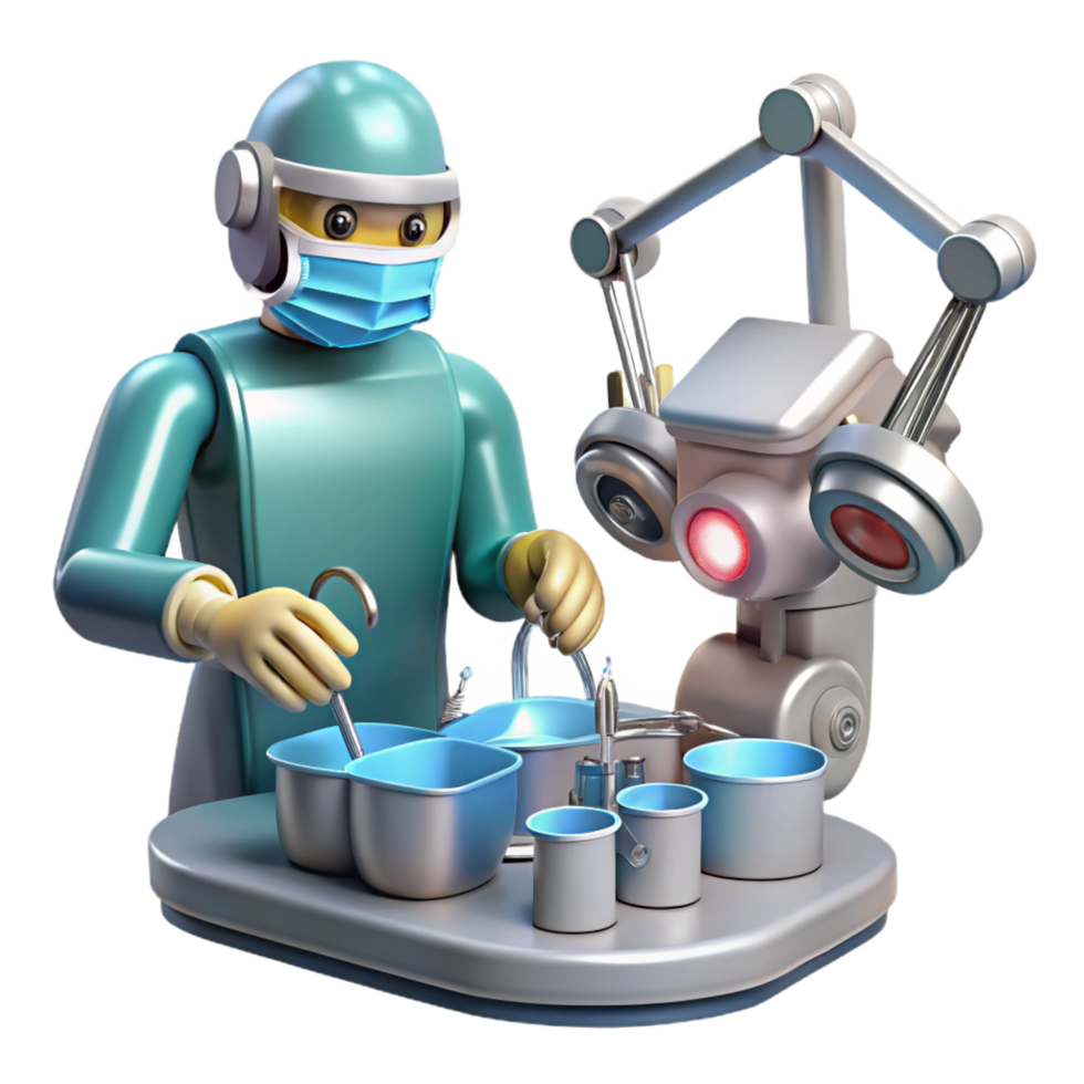 nostalgic beautiful A robotic surgeon performing a delicate operation, intricate tools and instruments visible, lit by surgical lighting, in a realistic, medical style top tier png