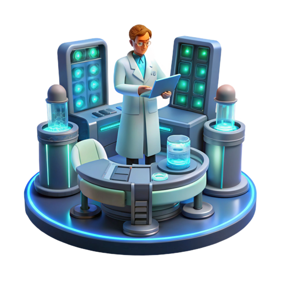 reflective pristine A scientist working in a futuristic laboratory, surrounded by glowing screens and complex machinery, cool lighting, realistic style 8K png