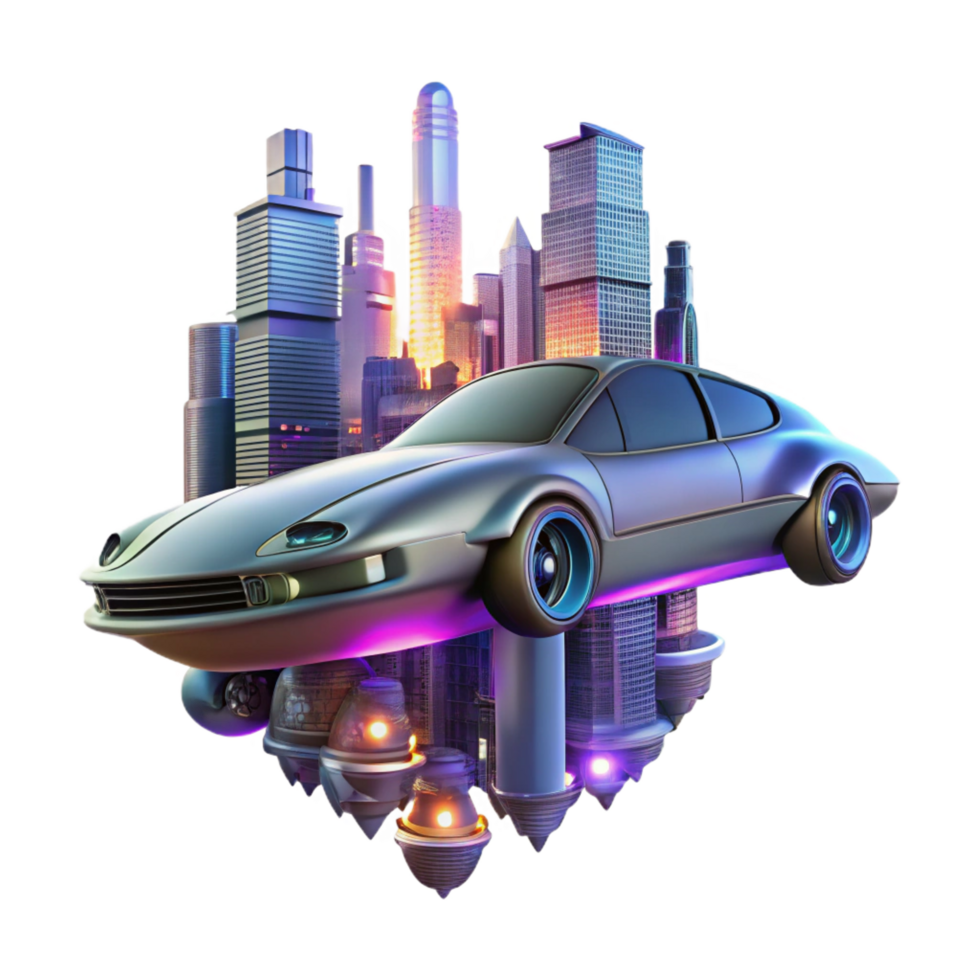 coveted geometric A futuristic flying car hovering above a neon lit cityscape, cyberpunk style, ray tracing authentic png