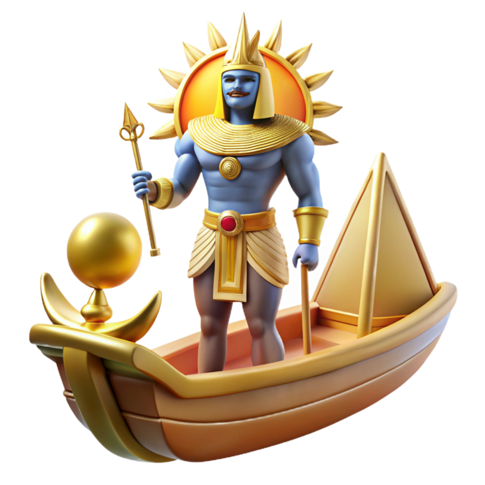 harmonious serene A radiant Egyptian Ra, the sun god, sailing across the sky in his solar barque, surrounded by adoring deities, in a vibrant Egyptian tomb painting style original png