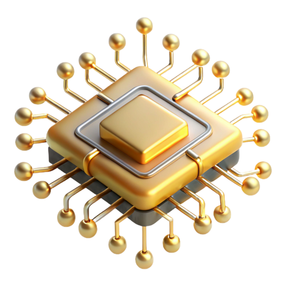 distinguished urban A single microchip, magnified to enormous scale, intricate pathways glowing with golden light, viewed from a microscopic perspective, rendered in a photorealistic style handcrafted png