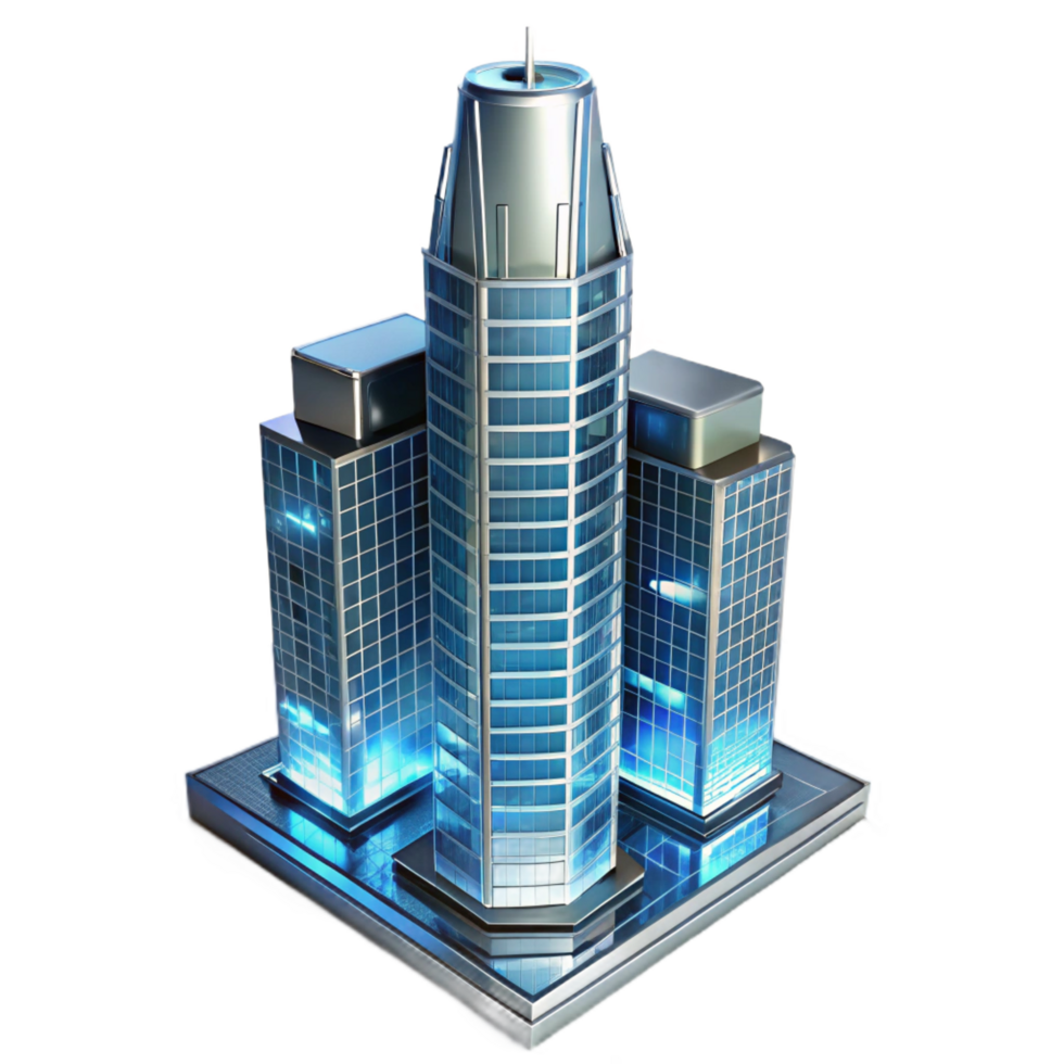 hypnotic playful art deco A futuristic skyscraper made of transparent glass and steel, city lights reflecting on the surface, cyberpunk style 8K png