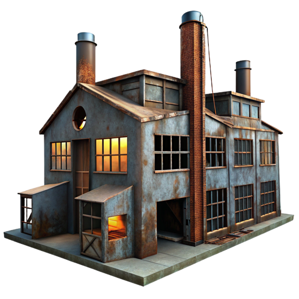 extraordinary minimalist A decaying, abandoned factory, rusty metal and broken windows, eerie and atmospheric lighting, urban decay photography expertly shot png
