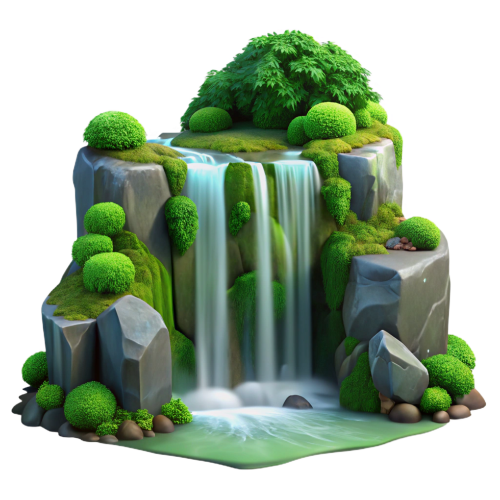 serene reflective art deco A waterfall cascading down mossy rocks, lush green foliage, tranquil and serene, long exposure photography, masterfully captured png