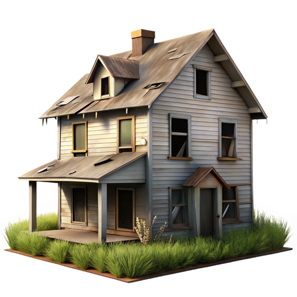 vibrant ethereal traditional An abandoned farmhouse with peeling paint and broken windows, overcast sky with subtle light gradients, rural landscape photography style high quality png