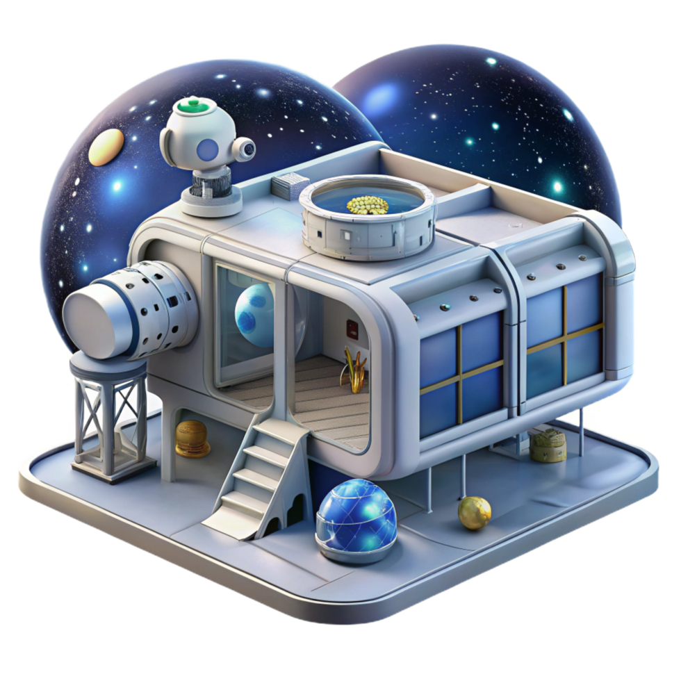 tranquil elegant A space station with modular architecture, docking bays, astronauts floating outside, starry backdrop visible through windows authentic png