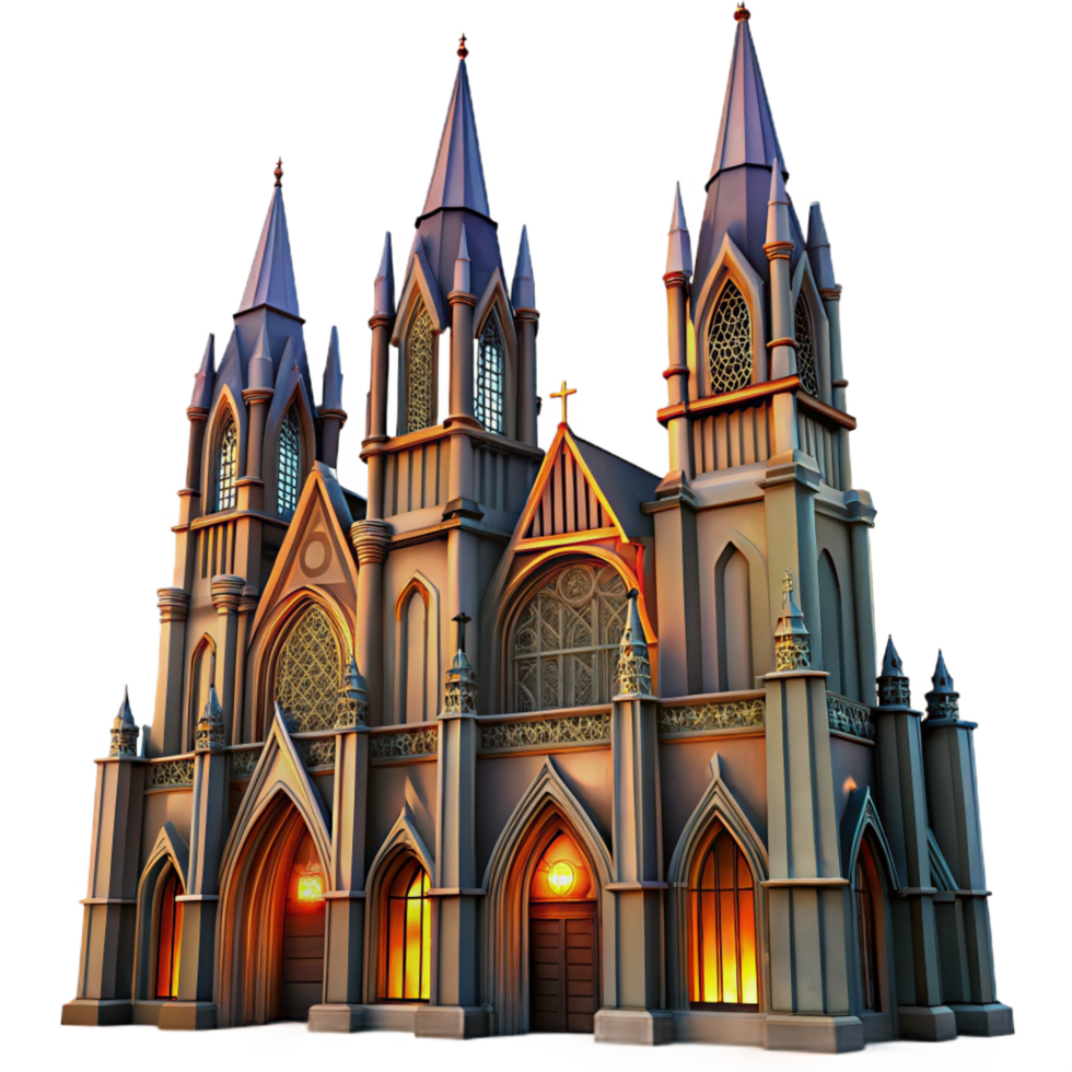 harmonious gorgeous A towering Gothic cathedral with intricate stained glass windows, dramatic sunset lighting, digital painting style masterfully captured png