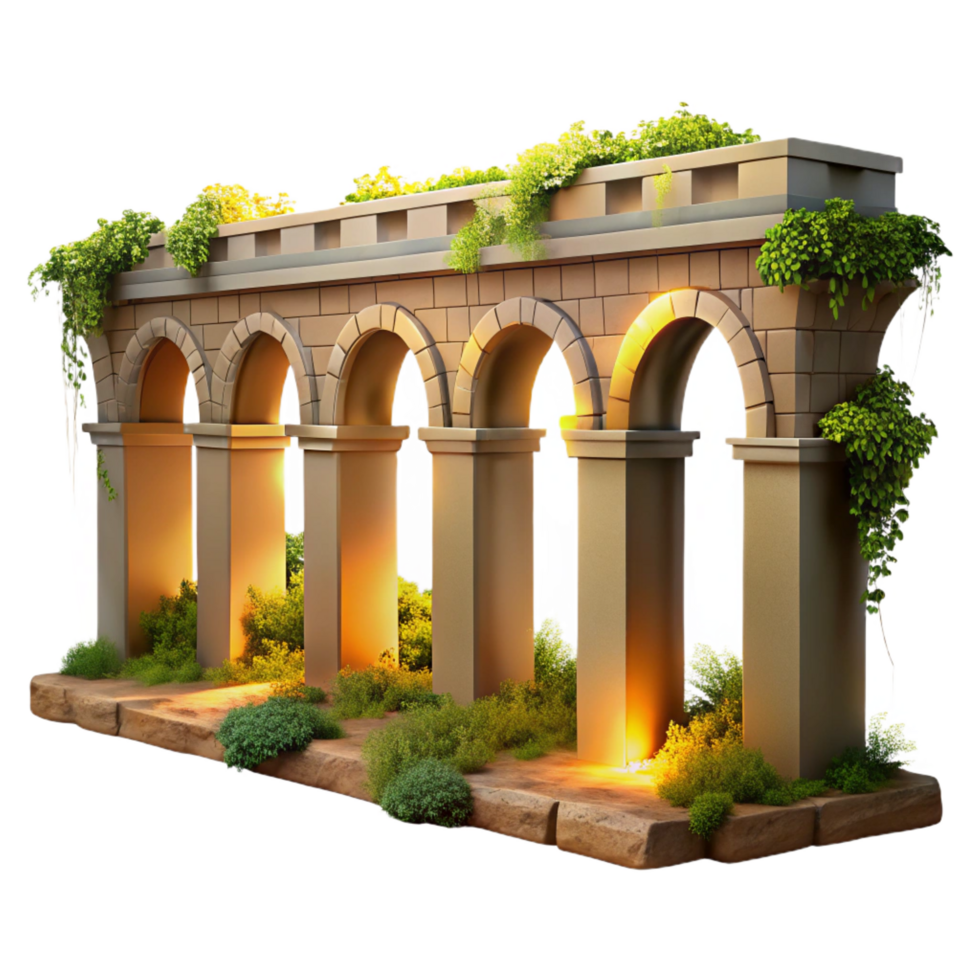 unforgettable modern A crumbling Roman aqueduct, overgrown with vegetation, golden hour lighting, historical illustration style gallery standard png