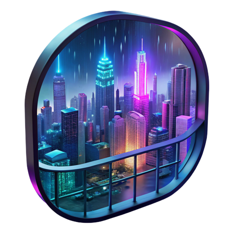 dazzling rustic A futuristic cityscape viewed through a rain streaked window, neon signs blurring in the distance, cyberpunk style precision png