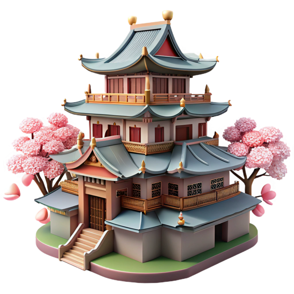 serene bold bohemian A traditional Japanese castle, ornate details, cherry blossoms in bloom, springtime atmosphere, historical style, high quality png