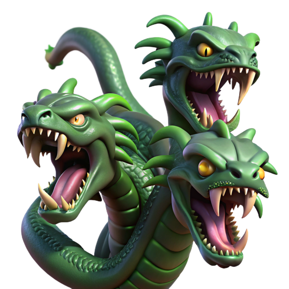 dramatic notable A terrifying hydra, each head hissing and snapping, swampy background, dark fantasy style, sickly green lighting png
