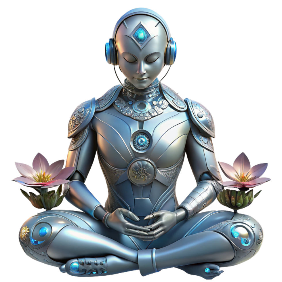distinctive renaissance A cyborg with intricate floral patterns etched into their metallic skin meditates in a zen garden on a futuristic space station. Cyberpunk style, soft lighting exclusive png