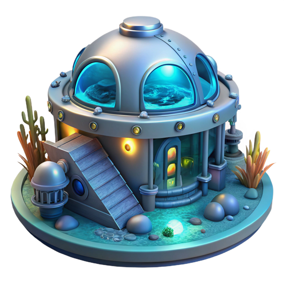 magnificent timeless A futuristic underwater research facility, bioluminescent lighting, deep ocean setting, png