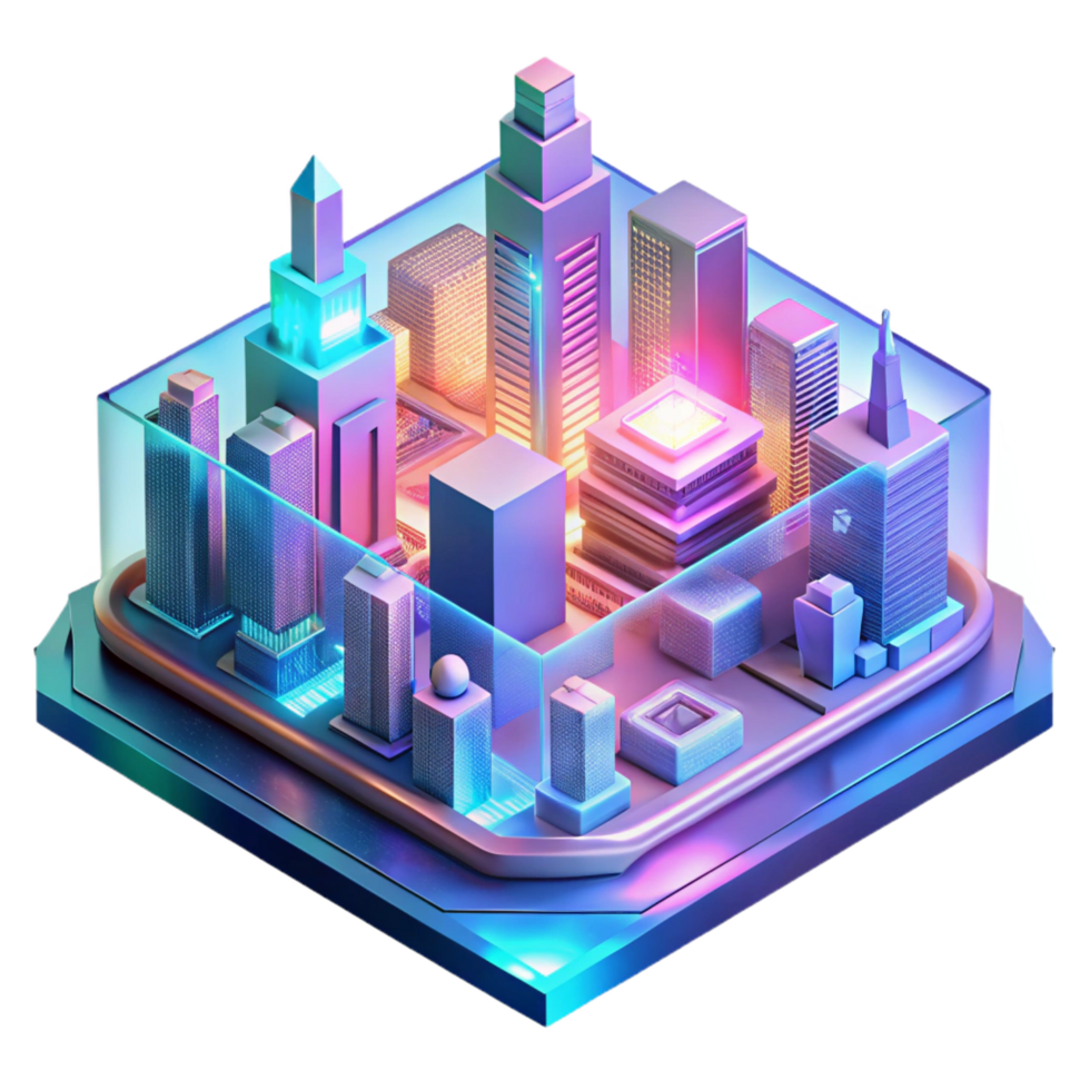 acclaimed contemporary A holographic projection of a futuristic city, intricate circuitry lines pulsate with light, cyberpunk aesthetic, neon pink and blue hues, isometric view authentic png