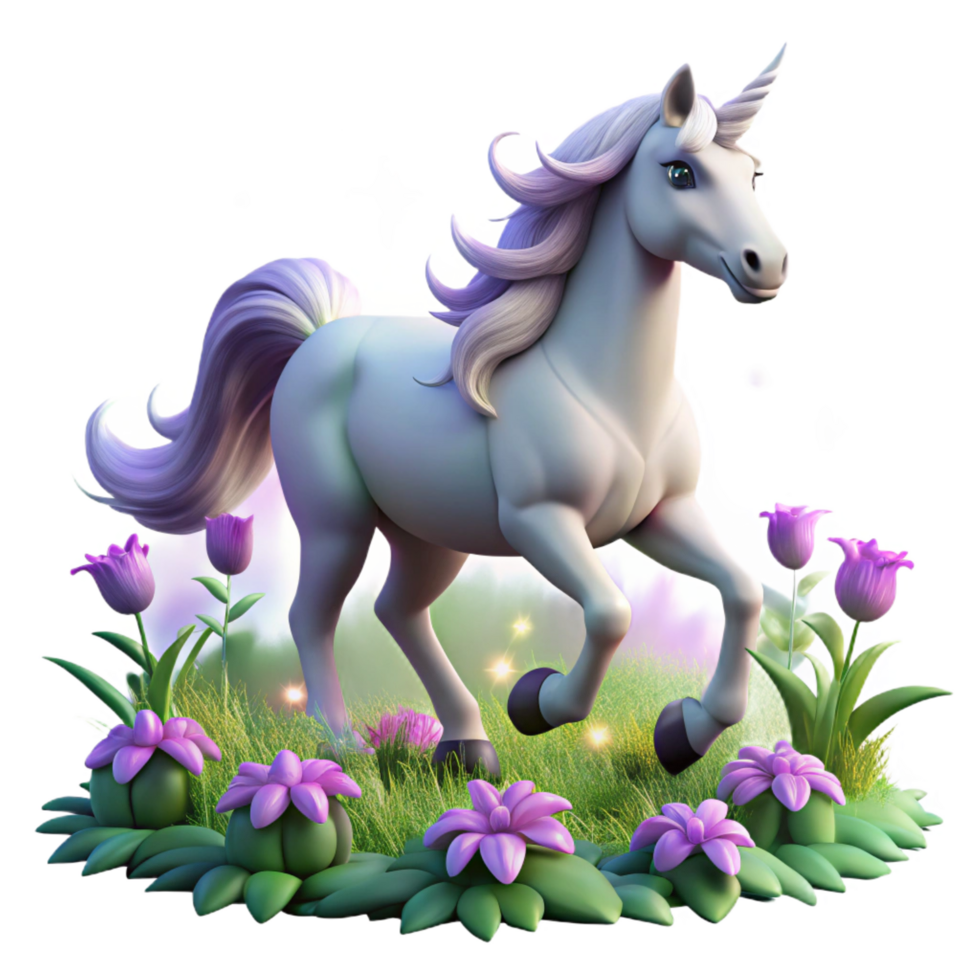 wonderful unforgettable A majestic unicorn with a silver mane and horn galloping through a field of ethereal, glowing flowers, soft, dreamy lighting, fantasy art style png