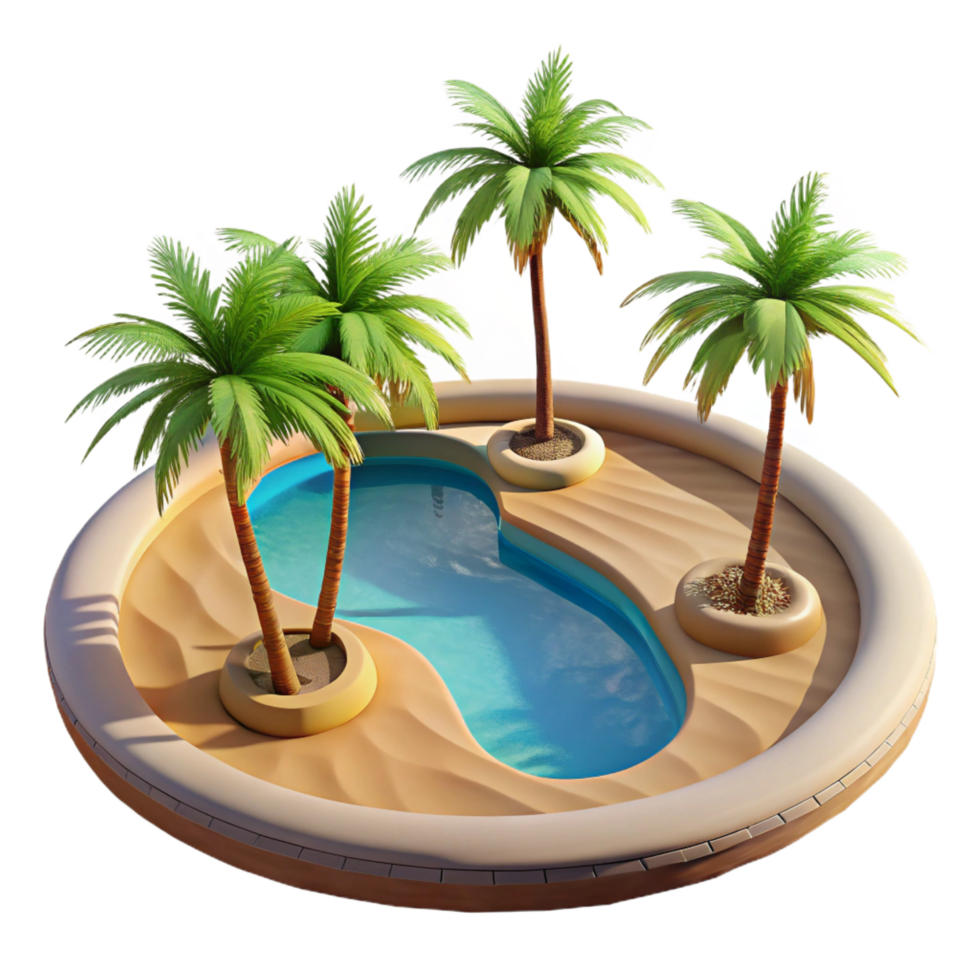 serene standout A desert oasis with palm trees and a reflecting pool, bright midday sunlight, photorealistic render png