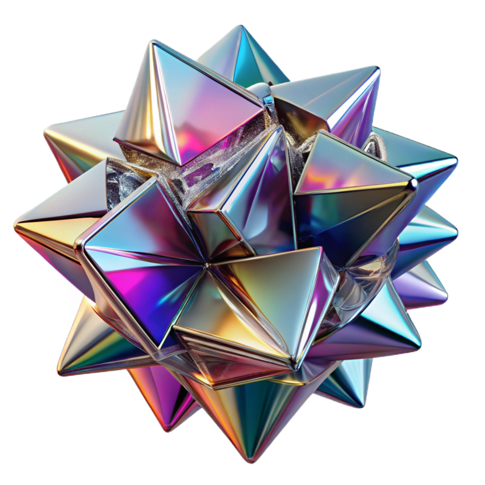 ethereal mesmerizing A dynamic, abstract composition of fragmented, mirrored surfaces, reflecting distorted geometric shapes, with a bright, multi colored light source studio quality png